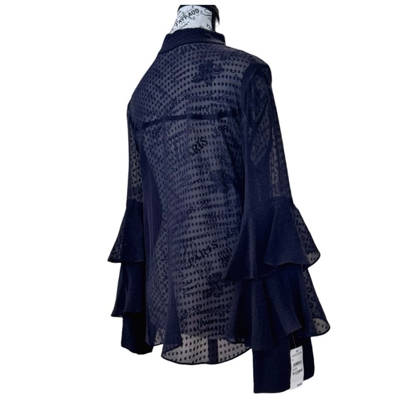 Olivia Palermo x Chelsea Blouse w/ Bell Sleeves & Mandarin Collar. Navy. Medium - Picture 6 of 12